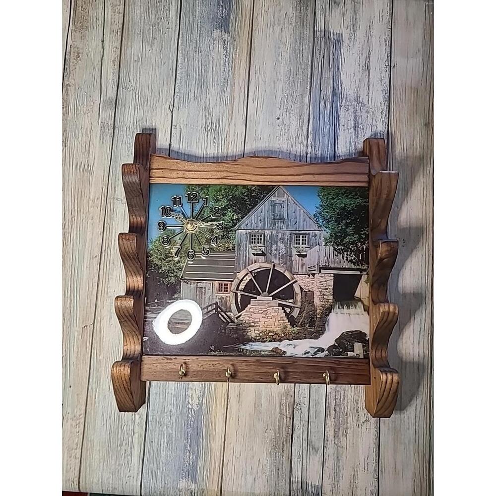 J And S woodcrafts clock, key, rack. old windmill pic made in USA NOB.